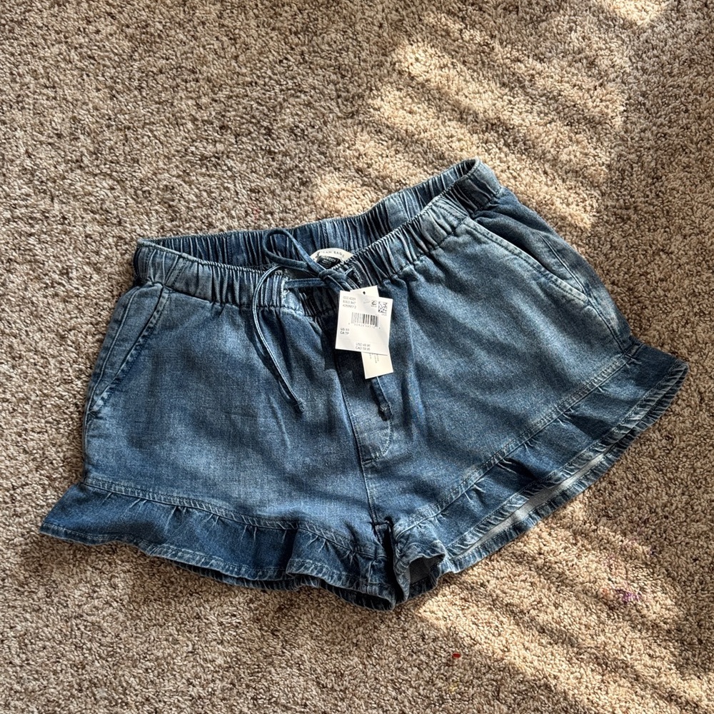 American Eagle Outfitters Denim Ruffle Hem Drawstring Shorts - Blue